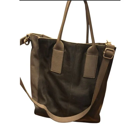 Vintage FOSSIL Genuine Grey/Black/Tan Leather Tote Shoulder Office Handbag - Picture 2 of 6